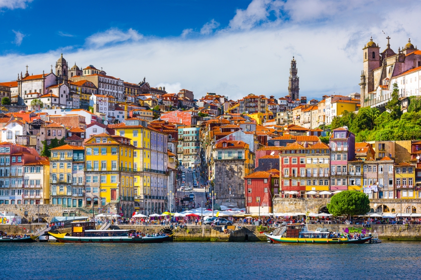 Porto, Portugal old town skyline from across the Douro River.