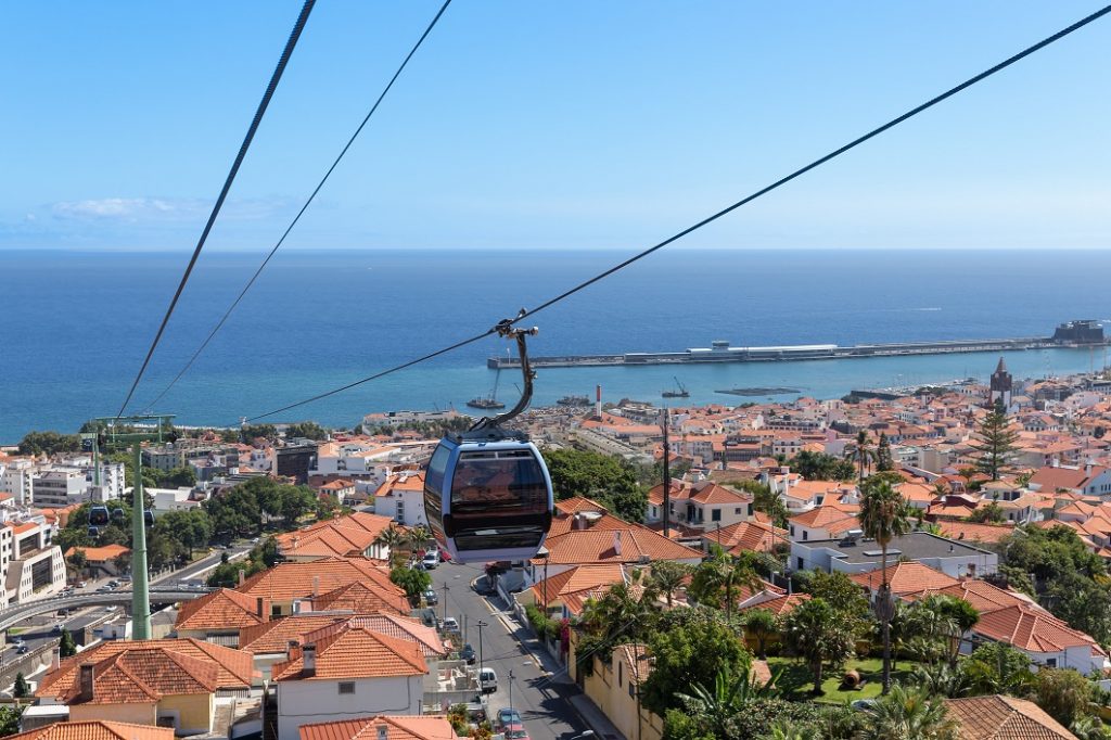 Cable car to Monte at Funchal, Madeira Island Portugal with aerial view at the city