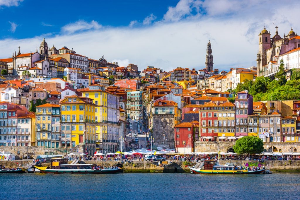 colourful ribeira in porto, portugal